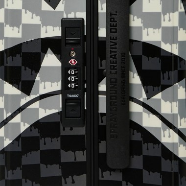SPRAYGROUND BLACK AND WHITE DRIP CHECK SHARK CARRY-ON LUGGAGE