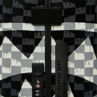 SPRAYGROUND BLACK AND WHITE DRIP CHECK SHARK CARRY-ON LUGGAGE
