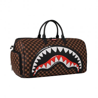 SPRAYGROUND SHARKS IN PARIS WTF BUBBLE BROWN CHECK DUFFLE BAG