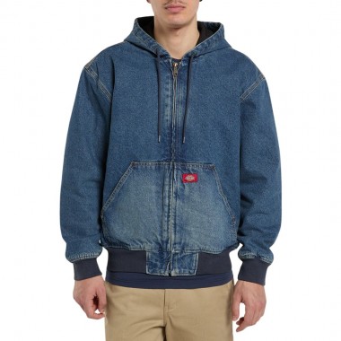 DICKIES HILHAM LINED DENIM HOODED BOMBER JACKET WASHED BLUE