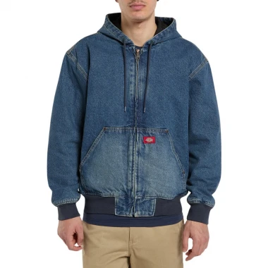 DICKIES HILHAM LINED DENIM HOODED BOMBER JACKET WASHED BLUE