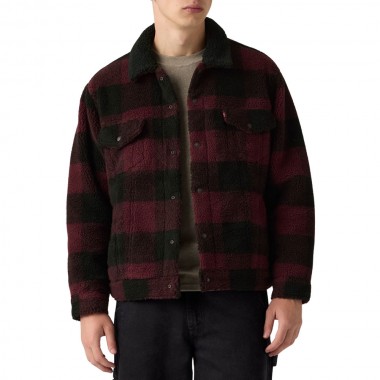 LEVI'S TYPE 3 EXT SHERPA TRUCKER JACKET VINEYARD WINE PLAID