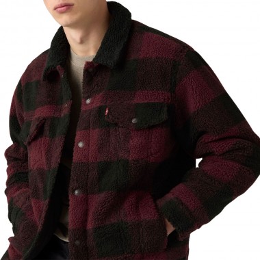 LEVI'S TYPE 3 EXT SHERPA TRUCKER JACKET VINEYARD WINE PLAID