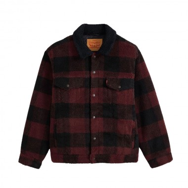 LEVI'S TYPE 3 EXT SHERPA TRUCKER JACKET VINEYARD WINE PLAID
