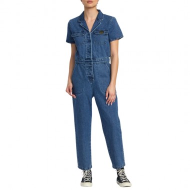 RVCA RECESSION W DENIM JUMPSUIT BLUE RINSE
