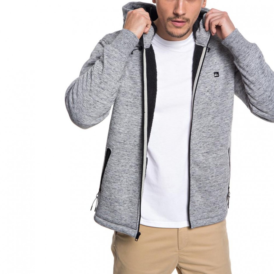 QUIKSILVER KUROW SHERPA BONDED ZIP HOODIE LT GREY HEATHER