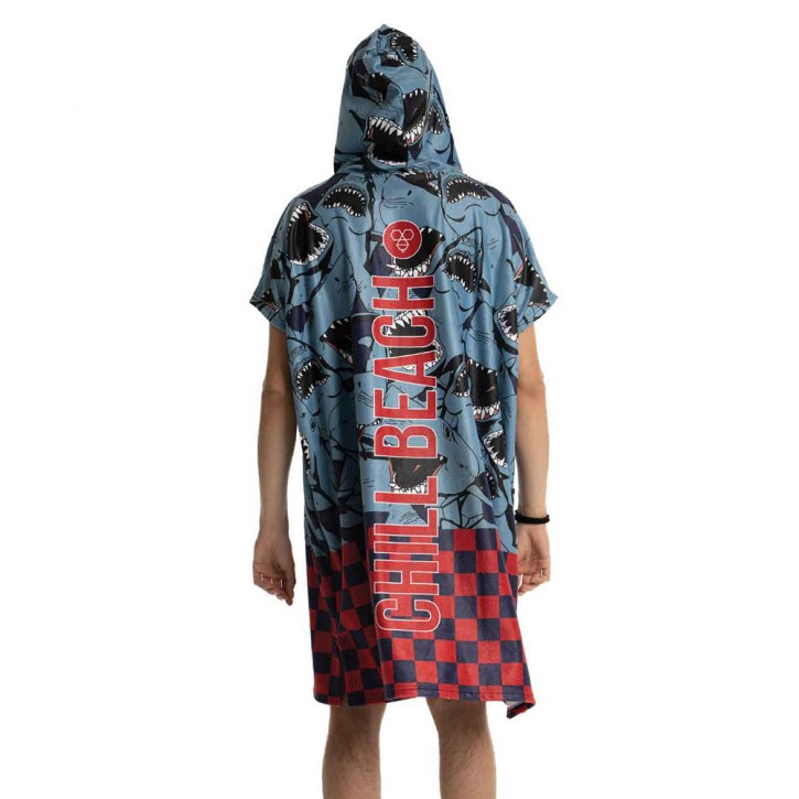 BEE UNUSUAL SHARK ATTACK PONCHO BLUE/FIREBRICK RED