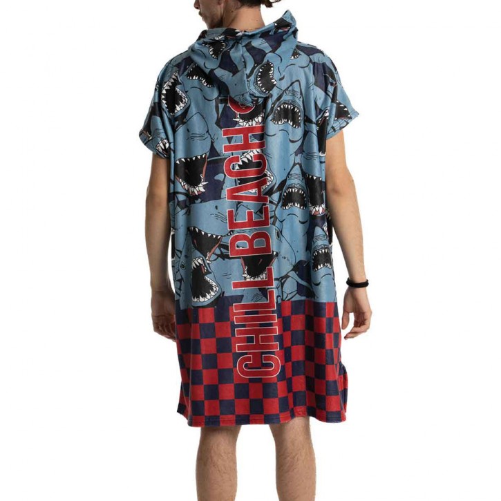 BEE UNUSUAL SHARK ATTACK PONCHO BLUE/FIREBRICK RED