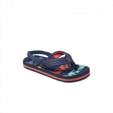 REEF LITTLE AHI K SANDALS NAVY PALMS STRIPERS